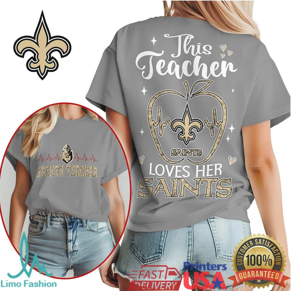 Saints Teacher Heartbeat Apple This Teacher Loves Her Saints T Shirt - Limotees LLC