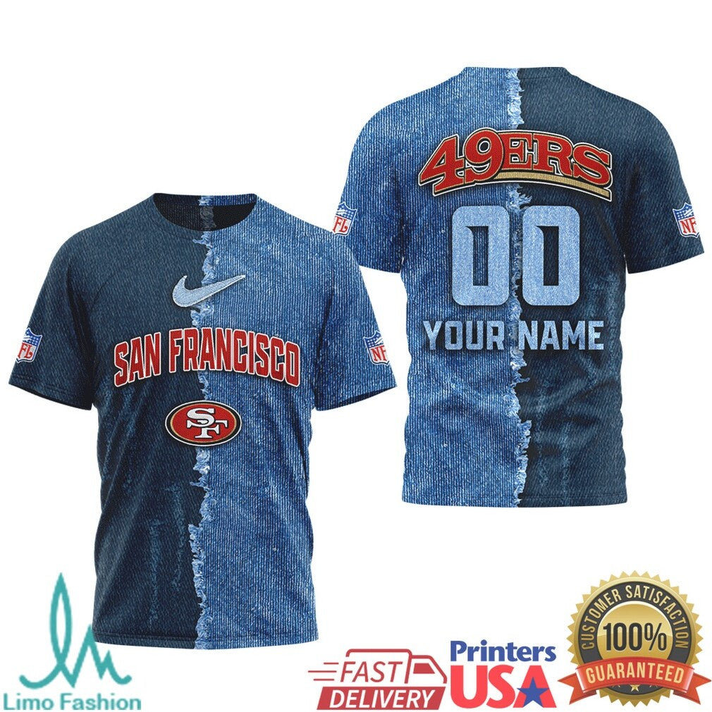 San Francisco 49ers Custom Name & Number Ripped Denim Style 3D NFL T Shirt - Limotees LLC