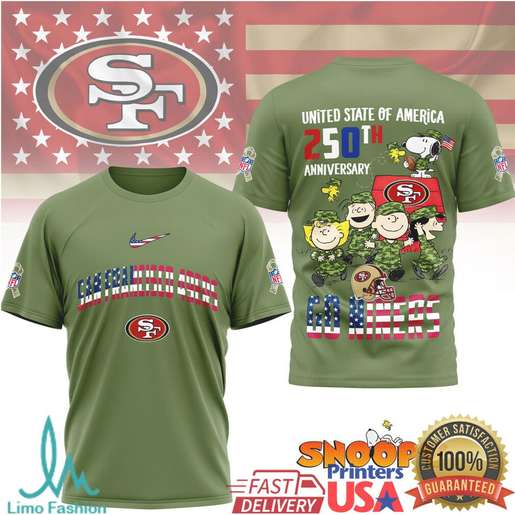 San Francisco 49ers Snoopy 250th Anniversary USA Military Olive T Shirt - Limotees LLC