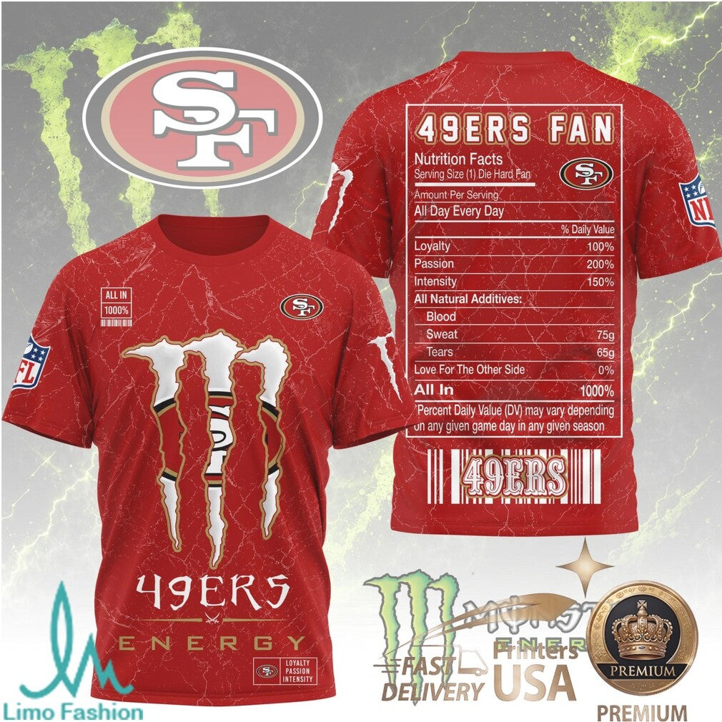 San Francisco Football Fans Monster Energy Nutrition Facts Red T Shirt - Limotees LLC