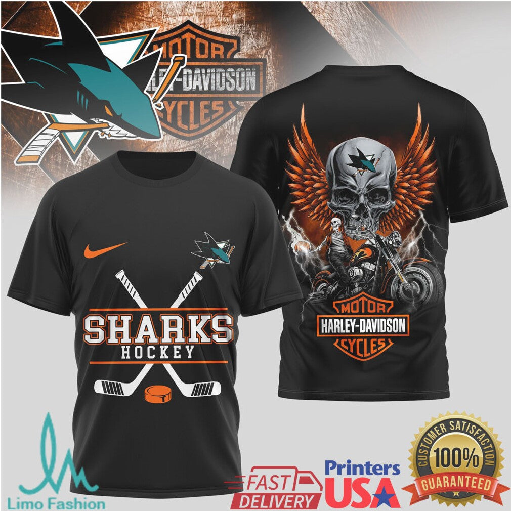 San Jose Sharks x Harley Davidson Skull Biker NHL Hockey T Shirt