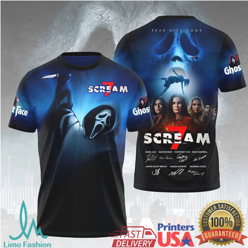 Scream 7 Horror Movie Ghostface Fear Hits Home 2026 Premiere Cast Signature Fans T Shirt - Limotees LLC