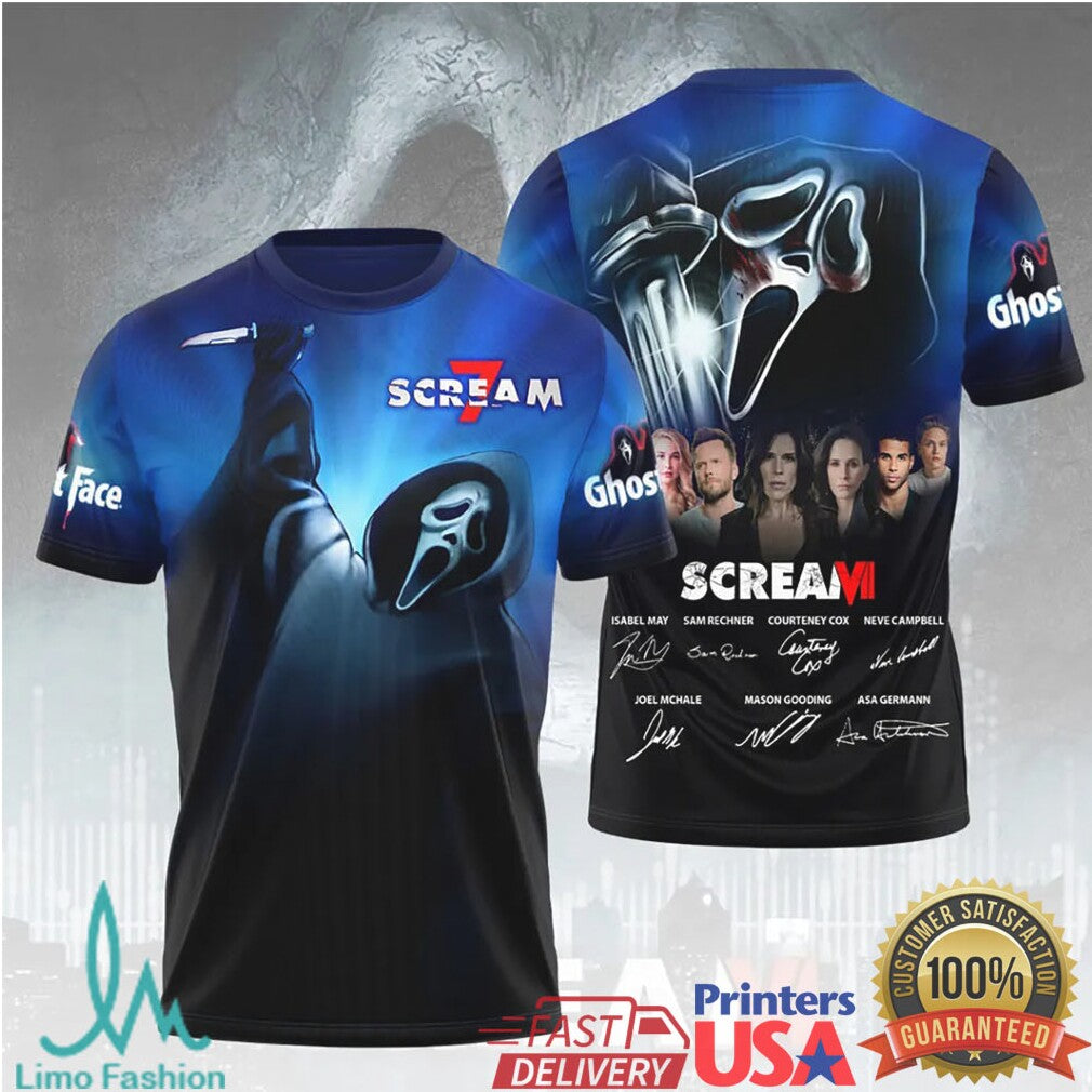 Scream 7 Movie Ghostface Mask Cast Signatures Horror Thriller Slasher Film Men Women T Shirt - Limotees LLC