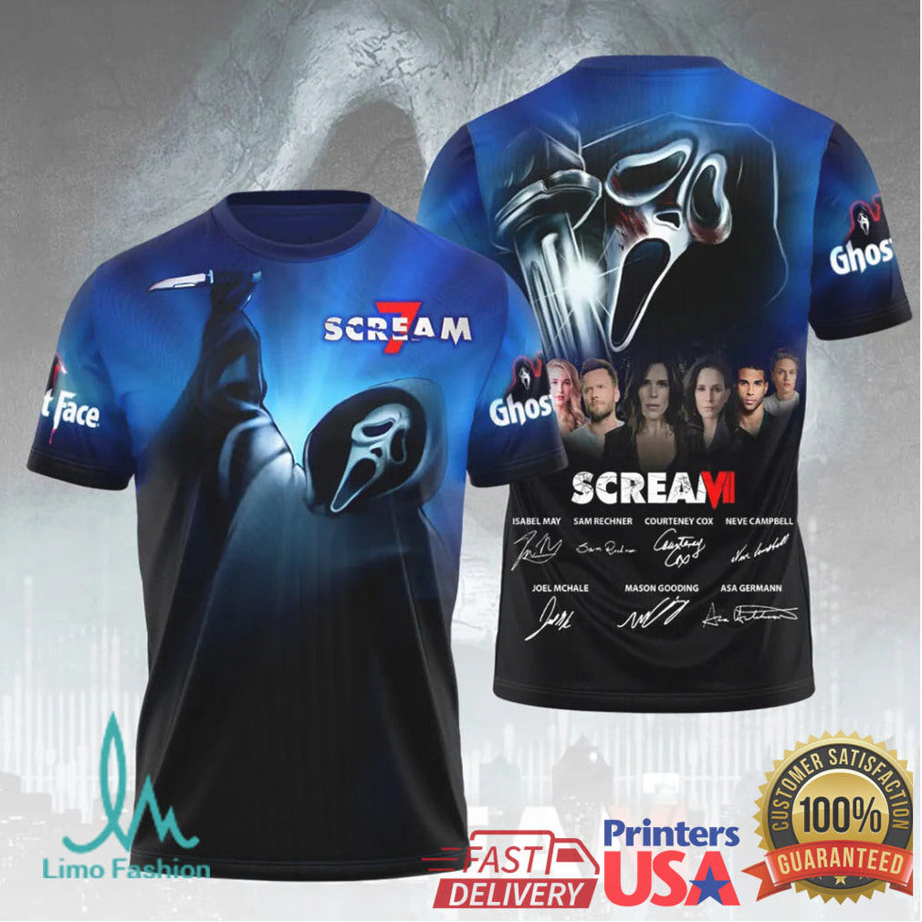 Scream 7 Movie Ghostface Mask Cast Signatures Horror Thriller Slasher Film Men Women T Shirt - Limotees LLC