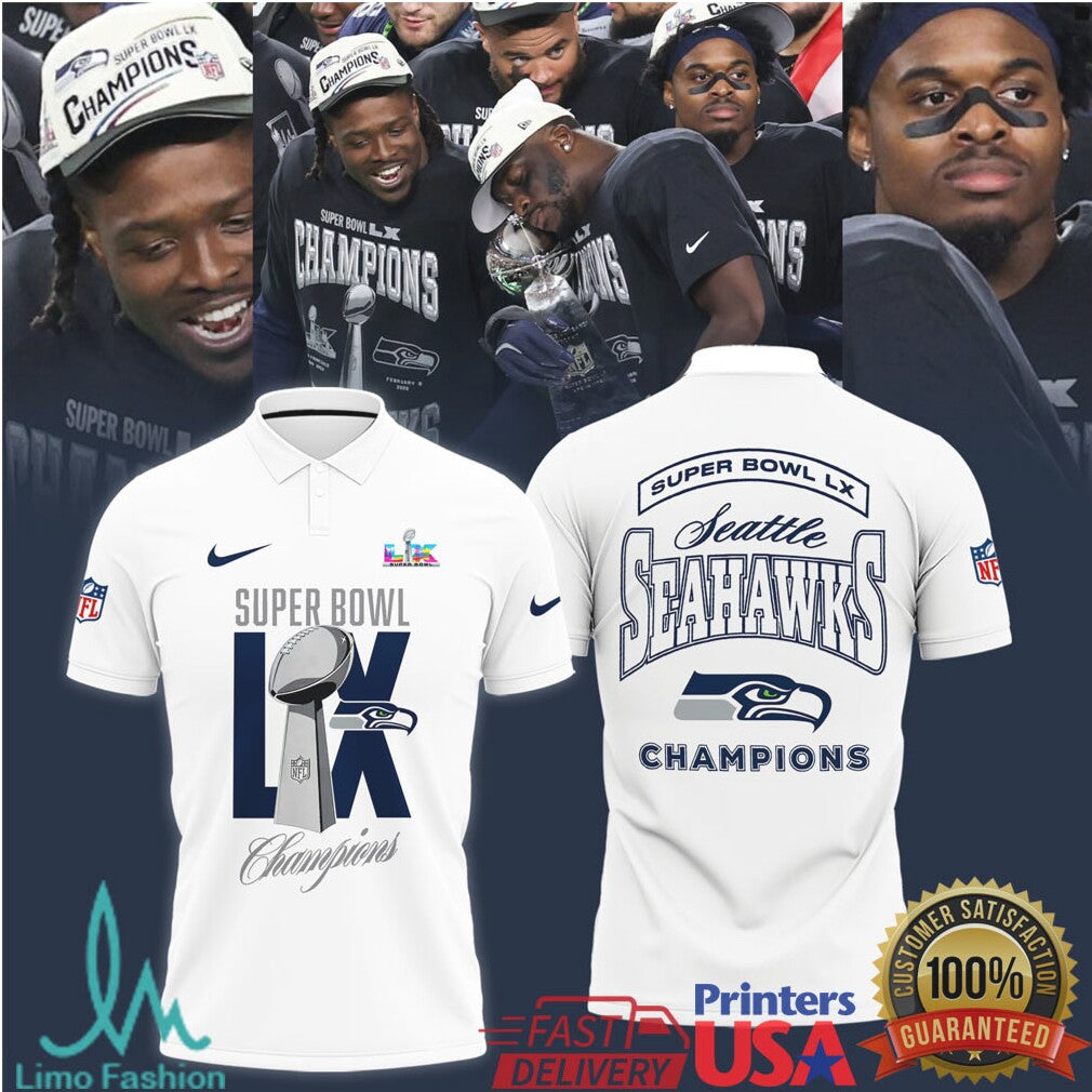 Seahawks Super Bowl LX White Collection Jersey, Polo, and T Shirt Champions Edition - Limotees LLC
