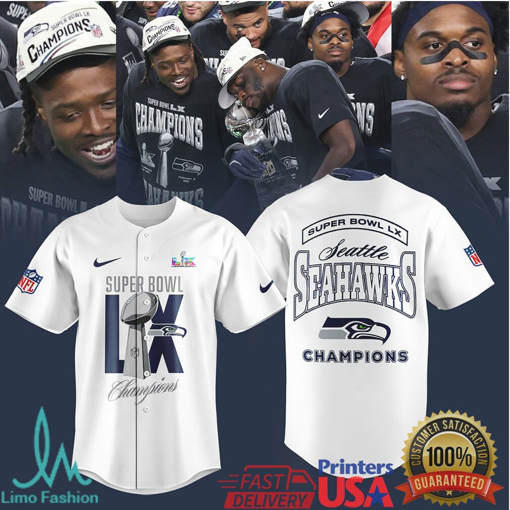 Seahawks Super Bowl LX White Collection Jersey, Polo, and T Shirt Champions Edition - Limotees LLC