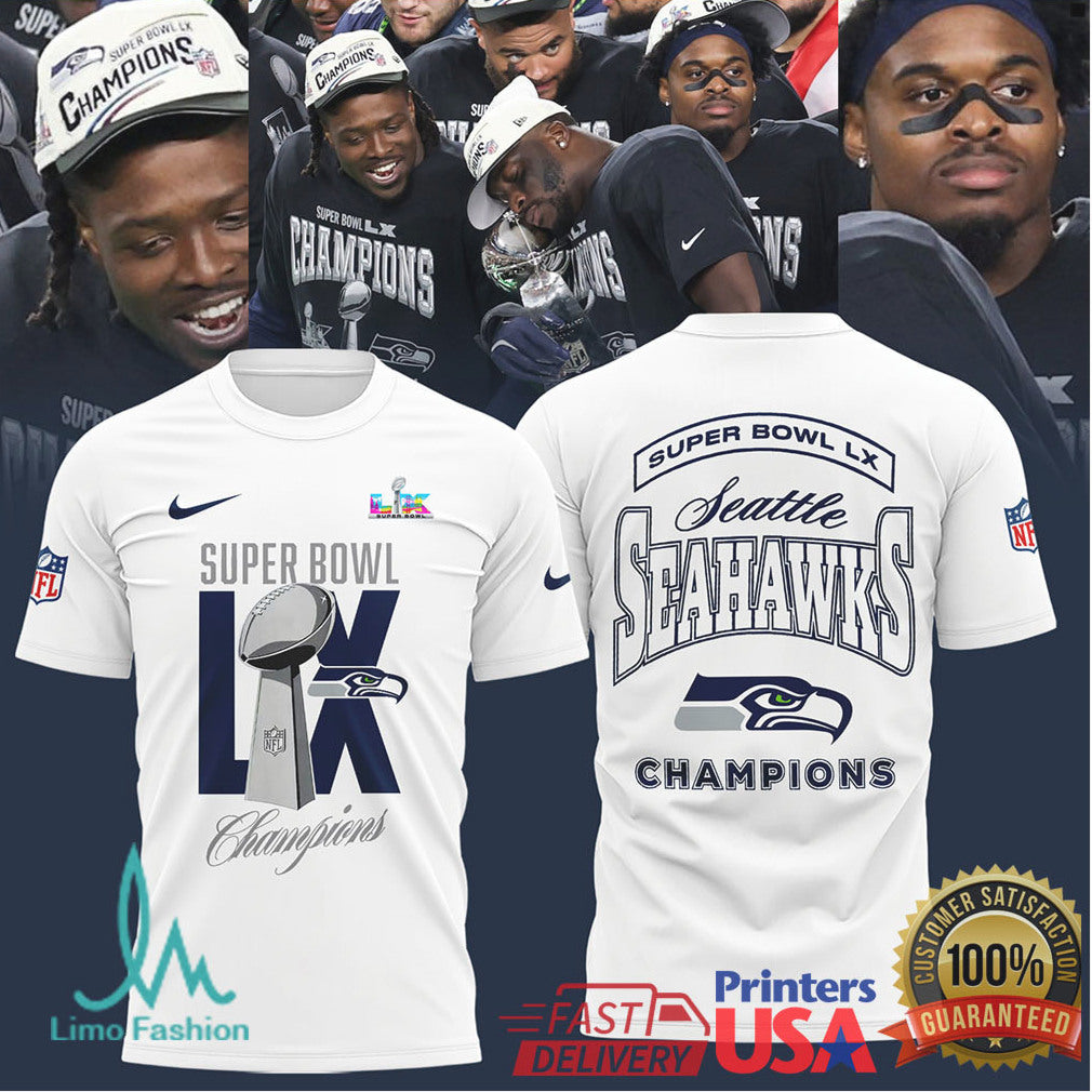 Seahawks Super Bowl LX White Collection Jersey, Polo, and T Shirt Champions Edition - Limotees LLC