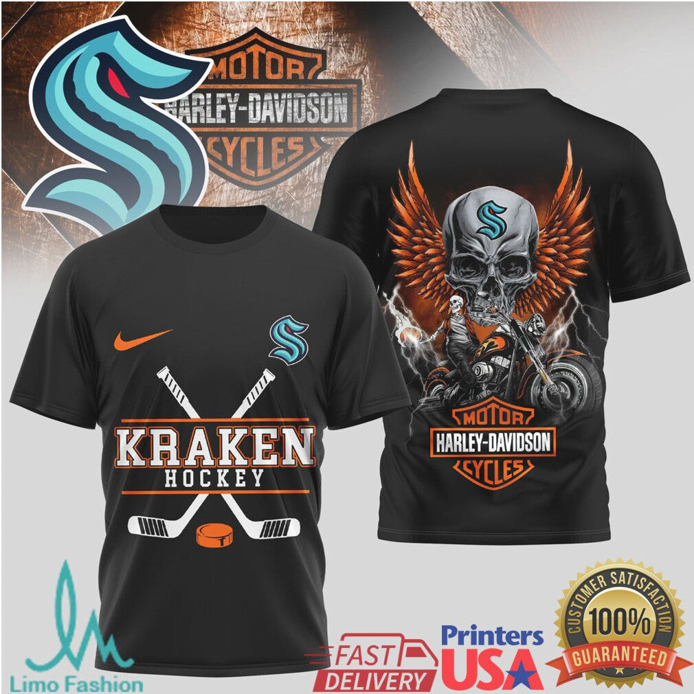 Seattle Kraken Hockey x Harley Davidson Skull Wing Biker T Shirt - Limotees LLC