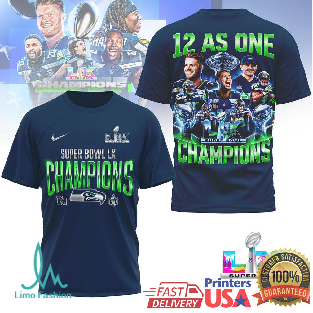 Seattle Seahawks “12 As One” Super Bowl LX Champions Graphic T Shirt - Limotees LLC