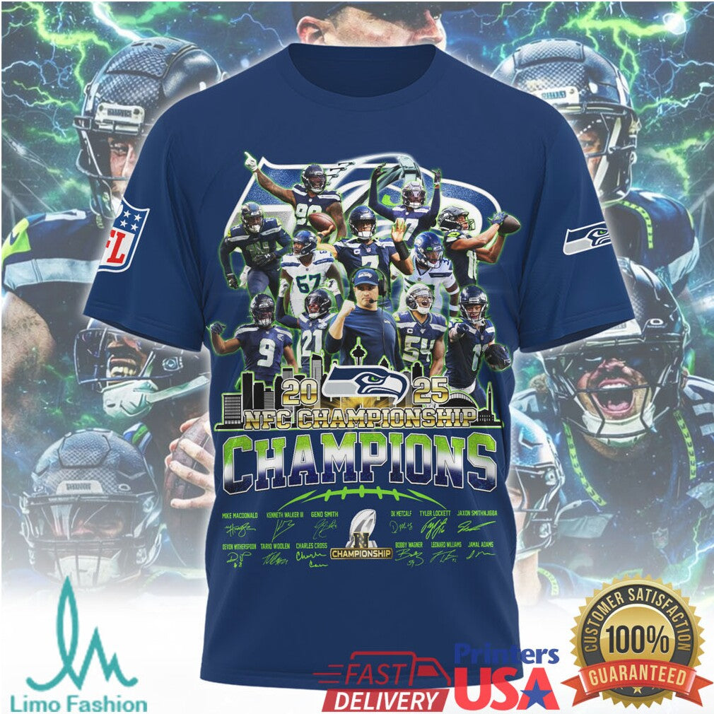 Seattle Seahawks 2025 NFC Championship Champions Player Signature Roster Graphic - Limotees LLC
