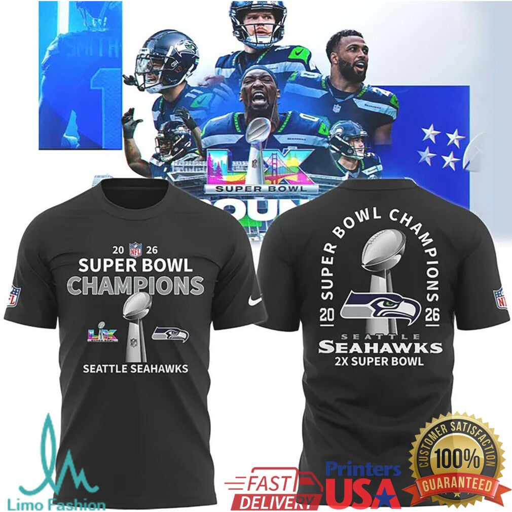 Seattle Seahawks 2X Super Bowl Champions 2026 Trophy Graphic Tee & Hoodie - Limotees LLC