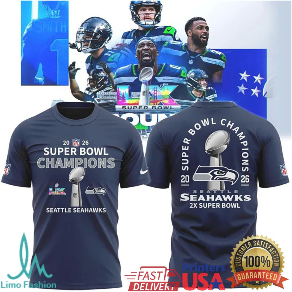 Seattle Seahawks 2X Super Bowl Champions 2026 Trophy Graphic Tee & Hoodie - Limotees LLC