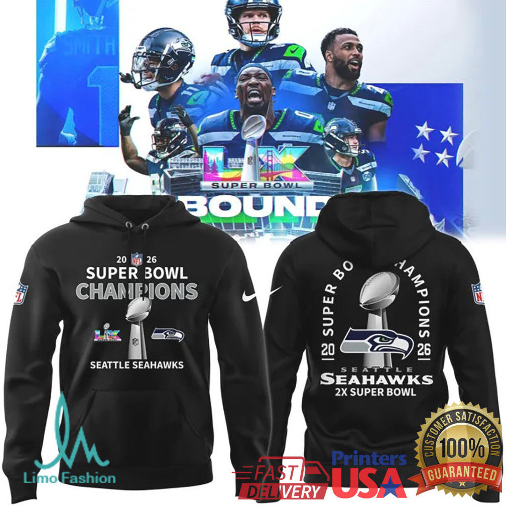 Seattle Seahawks 2X Super Bowl Champions 2026 Trophy Graphic Tee & Hoodie - Limotees LLC