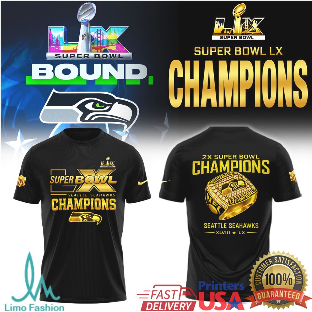 Seattle Seahawks 2X Super Bowl Champions Gold Foil Ring Design Apparel - Limotees LLC