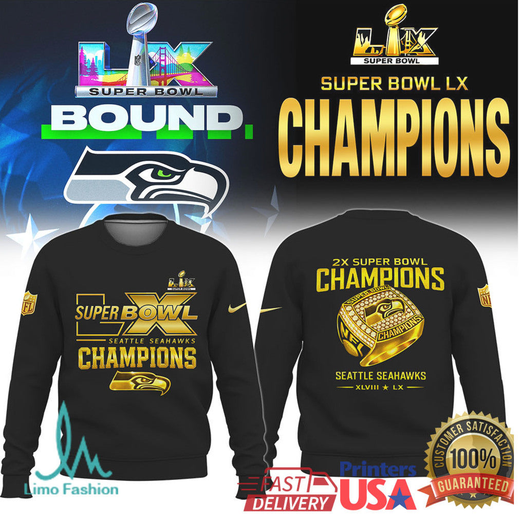 Seattle Seahawks 2X Super Bowl Champions Gold Foil Ring Design Apparel - Limotees LLC