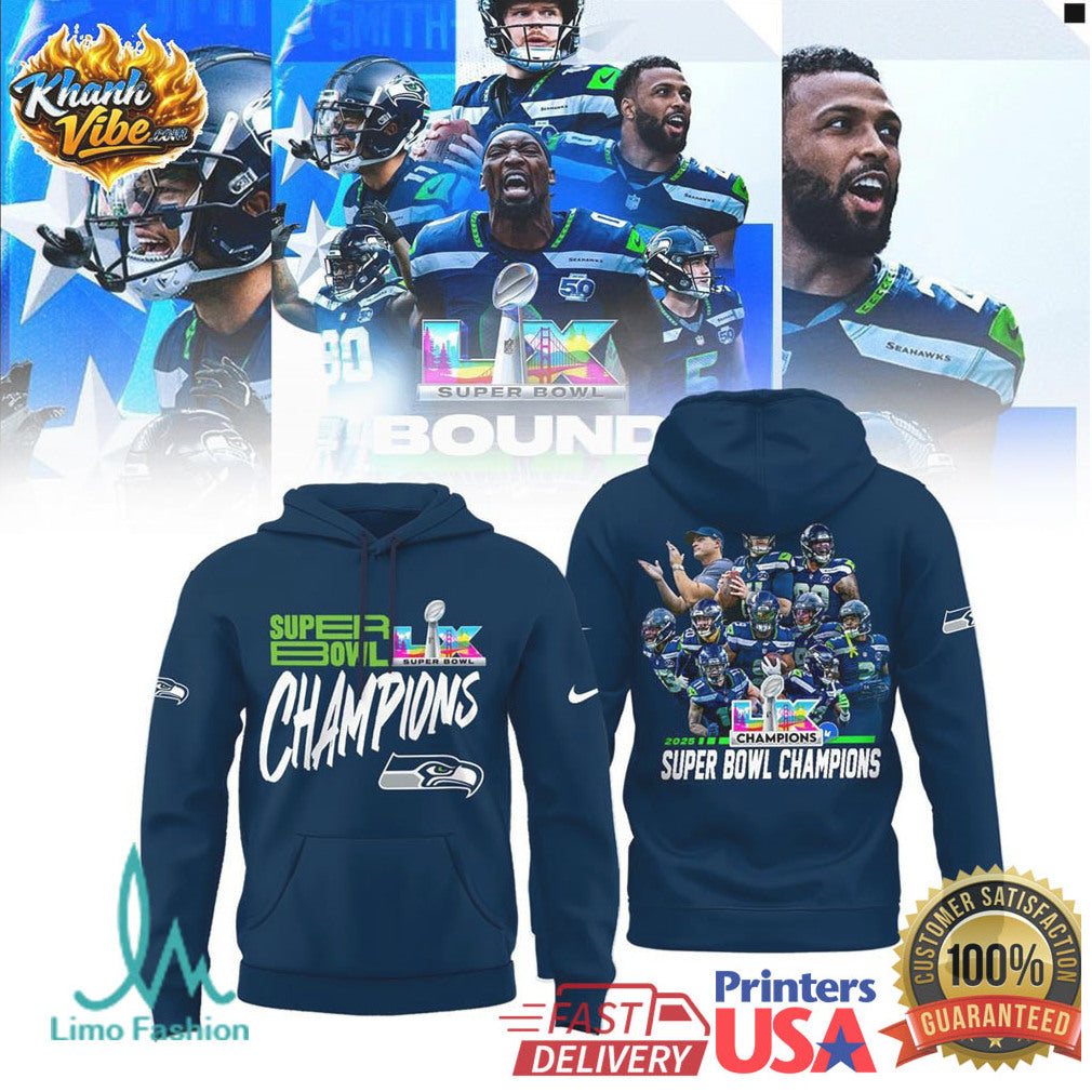 Seattle Seahawks 2X Super Bowl Champions LIX Commemorative Navy Hoodie - Limotees LLC