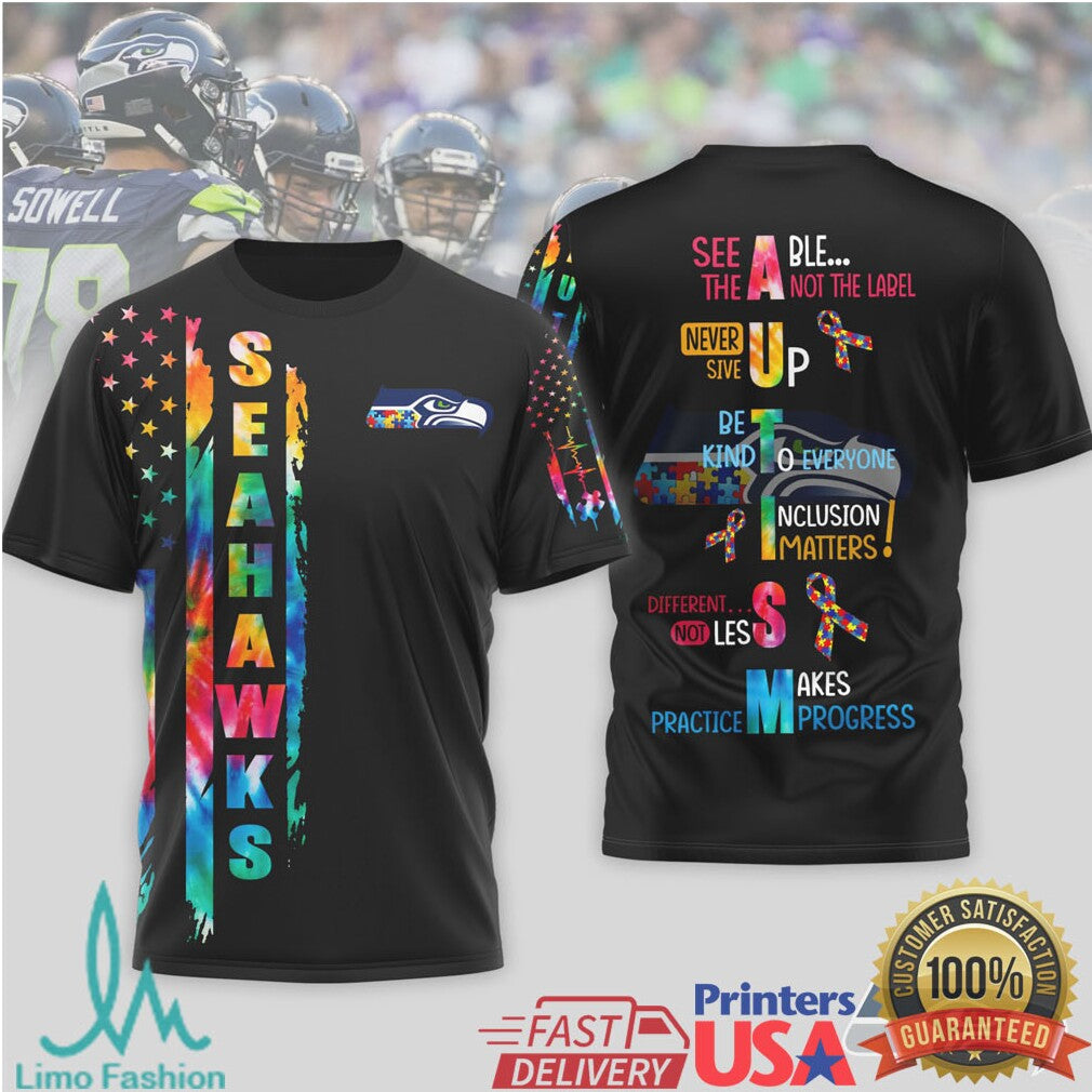 Seattle Seahawks Autism Awareness “See Able Not Label” Tie Dye T Shirt - Limotees LLC