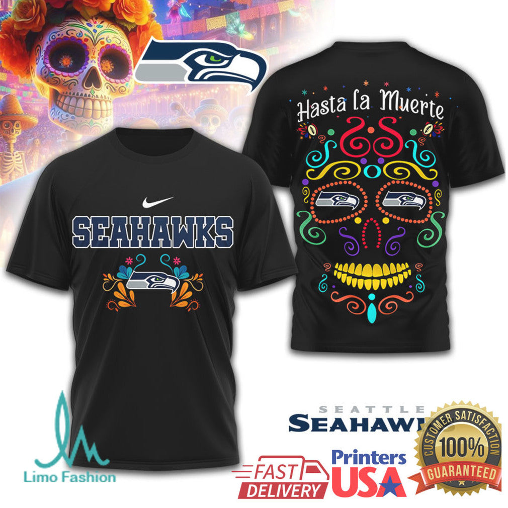 Seattle Seahawks Day of the Dead Floral Sugar Skull Fan Shirt - Limotees LLC