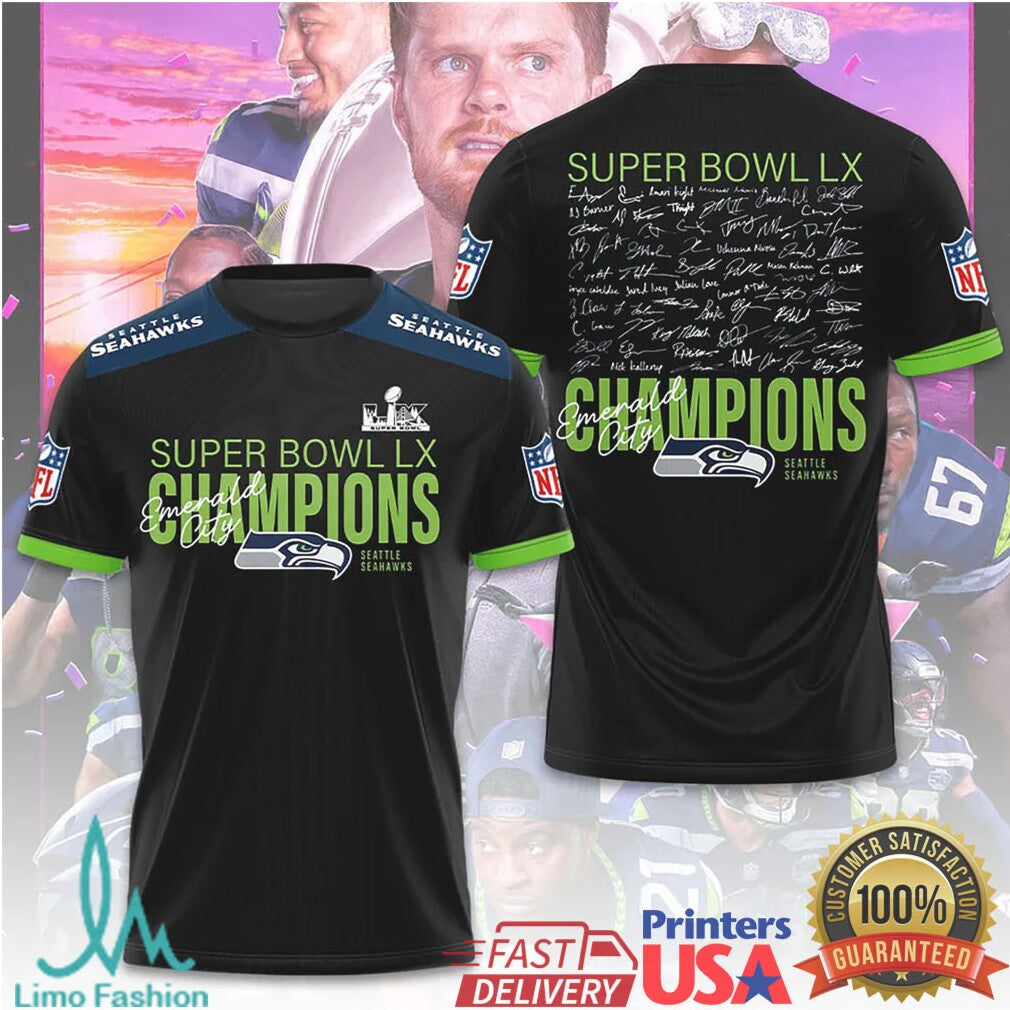 Seattle Seahawks Emerald City Super Bowl LX Champions Signature Edition Tee - Limotees LLC