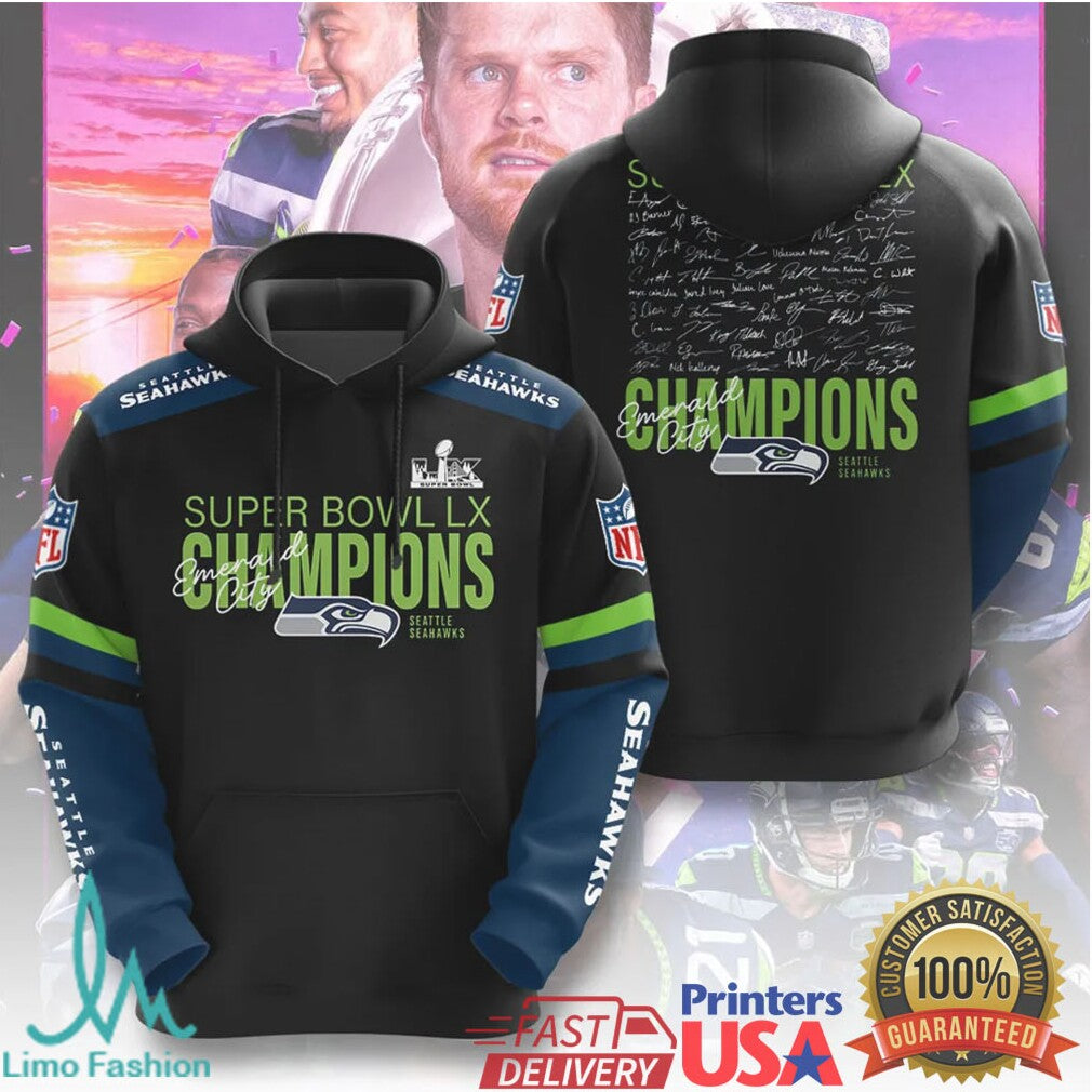 Seattle Seahawks Emerald City Super Bowl LX Champions Signature Edition Tee - Limotees LLC