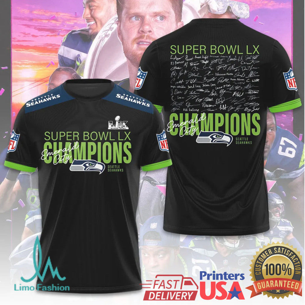 Seattle Seahawks Emerald City Super Bowl LX Champions Signature Edition Tee - Limotees LLC