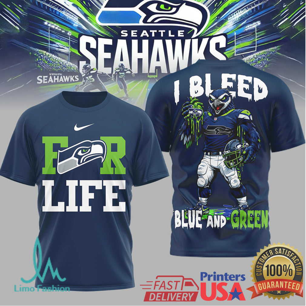 Seattle Seahawks “I Bleed Blue and Green” Mascot Heart T Shirt - Limotees LLC