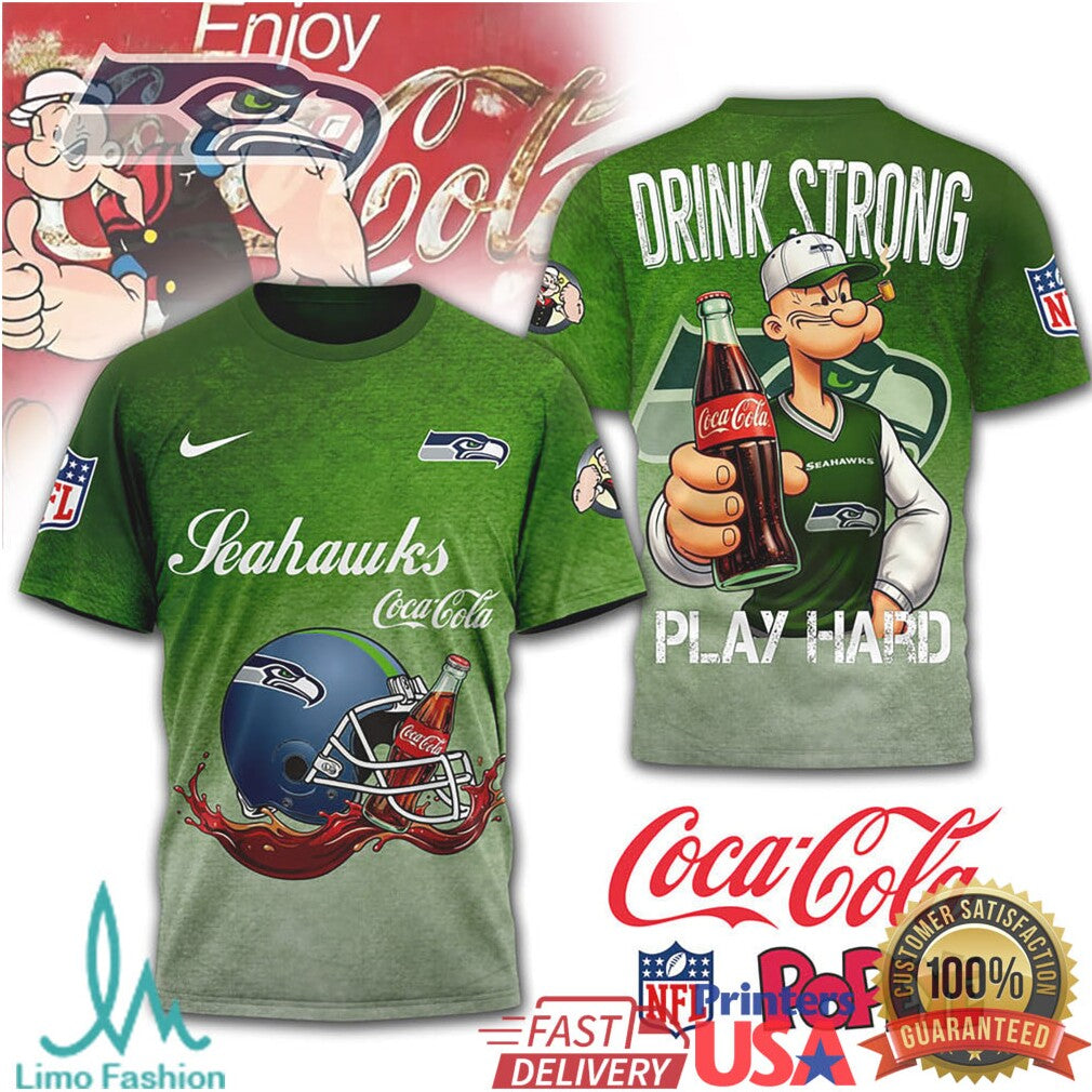 Seattle Seahawks NFL Popeye x Coca Cola Green Graphic Football T Shirt - Limotees LLC