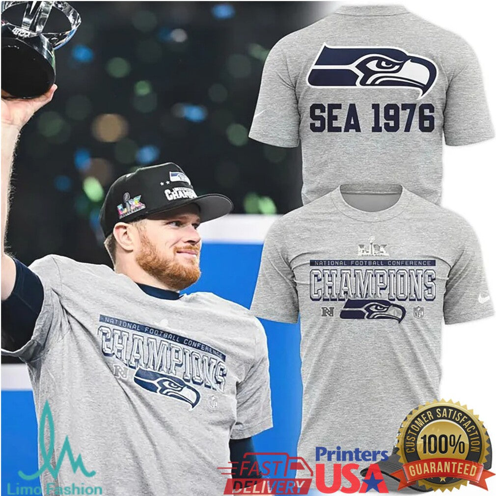 Seattle Seahawks “SEA 1976” Legacy NFC Champions Grey Graphic Hoodie & Tee - Limotees LLC