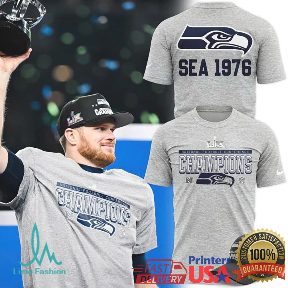 Seattle Seahawks “SEA 1976” Legacy NFC Champions Grey Graphic Hoodie & Tee - Limotees LLC