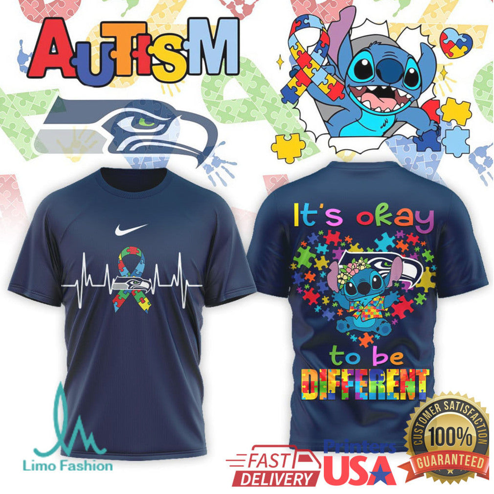 Seattle Seahawks Stitch Autism Awareness Different Is Beautiful T Shirt - Limotees LLC