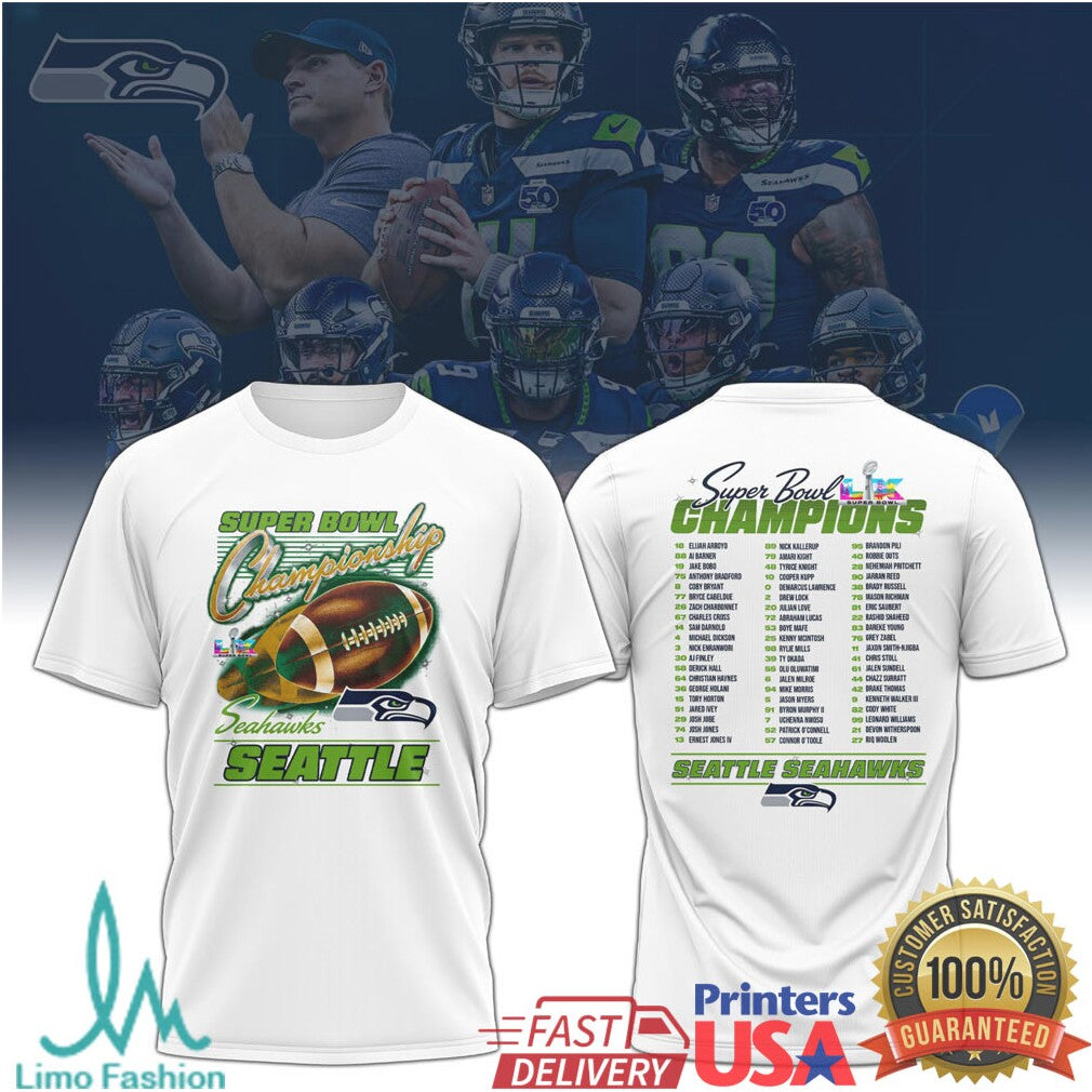 Seattle Seahawks Super Bowl LIX Champions Full Roster Name List T Shirt - Limotees LLC