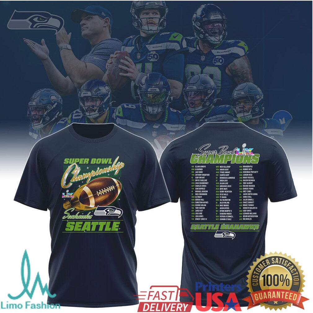 Seattle Seahawks Super Bowl LIX Champions Full Roster Name List T Shirt - Limotees LLC