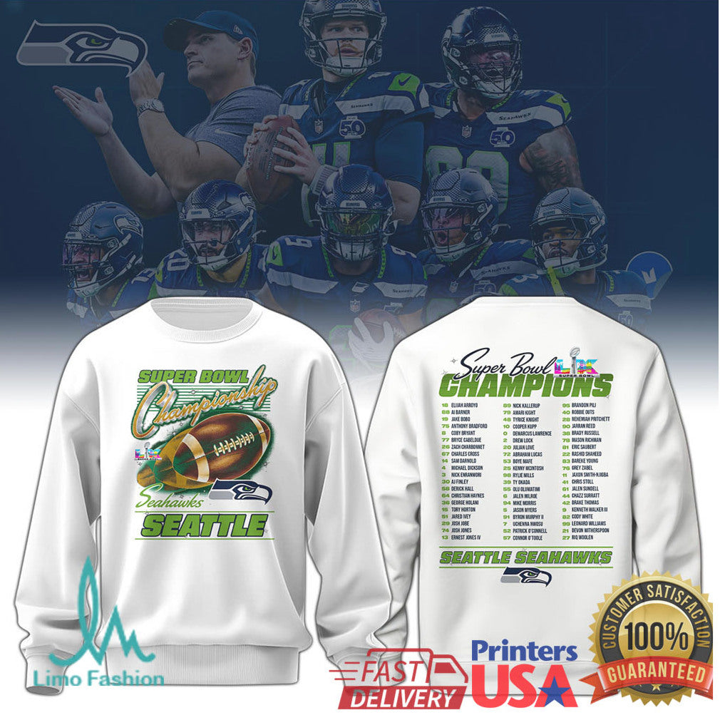 Seattle Seahawks Super Bowl LIX Champions Full Roster Name List T Shirt - Limotees LLC