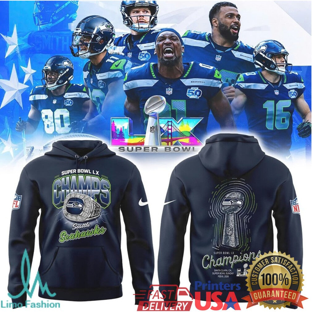 Seattle Seahawks Super Bowl LIX Champions Ring & Trophy Collector's Tee - Limotees LLC