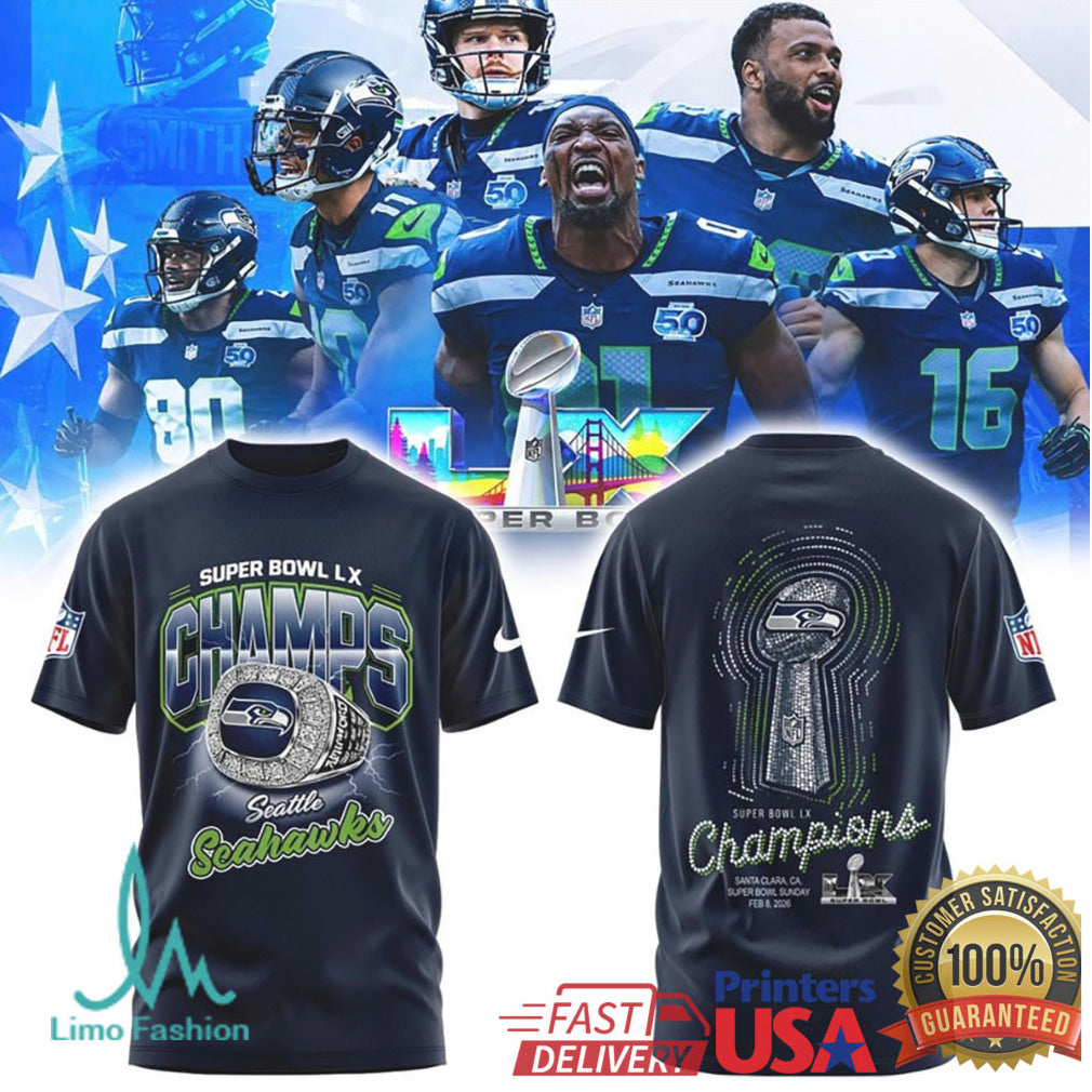 Seattle Seahawks Super Bowl LIX Champions Ring & Trophy Collector's Tee - Limotees LLC