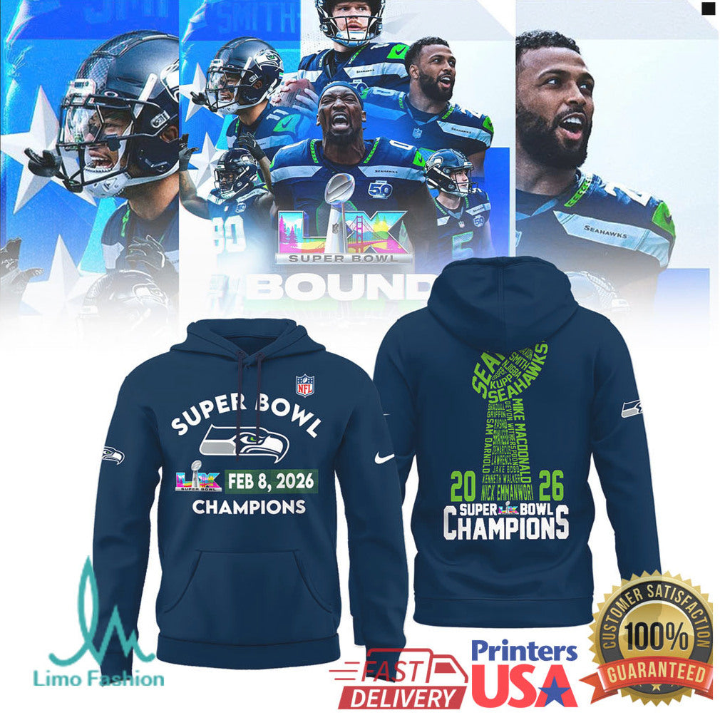 Seattle Seahawks Super Bowl LX 2026 Champions Trophy Word Art Apparel - Limotees LLC