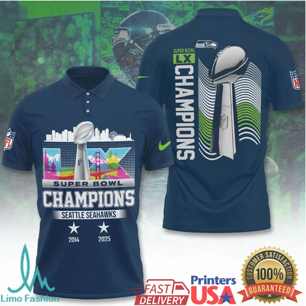 Seattle Seahawks Super Bowl LX Champions Commemorative 2014 & 2025 Star Polo - Limotees LLC