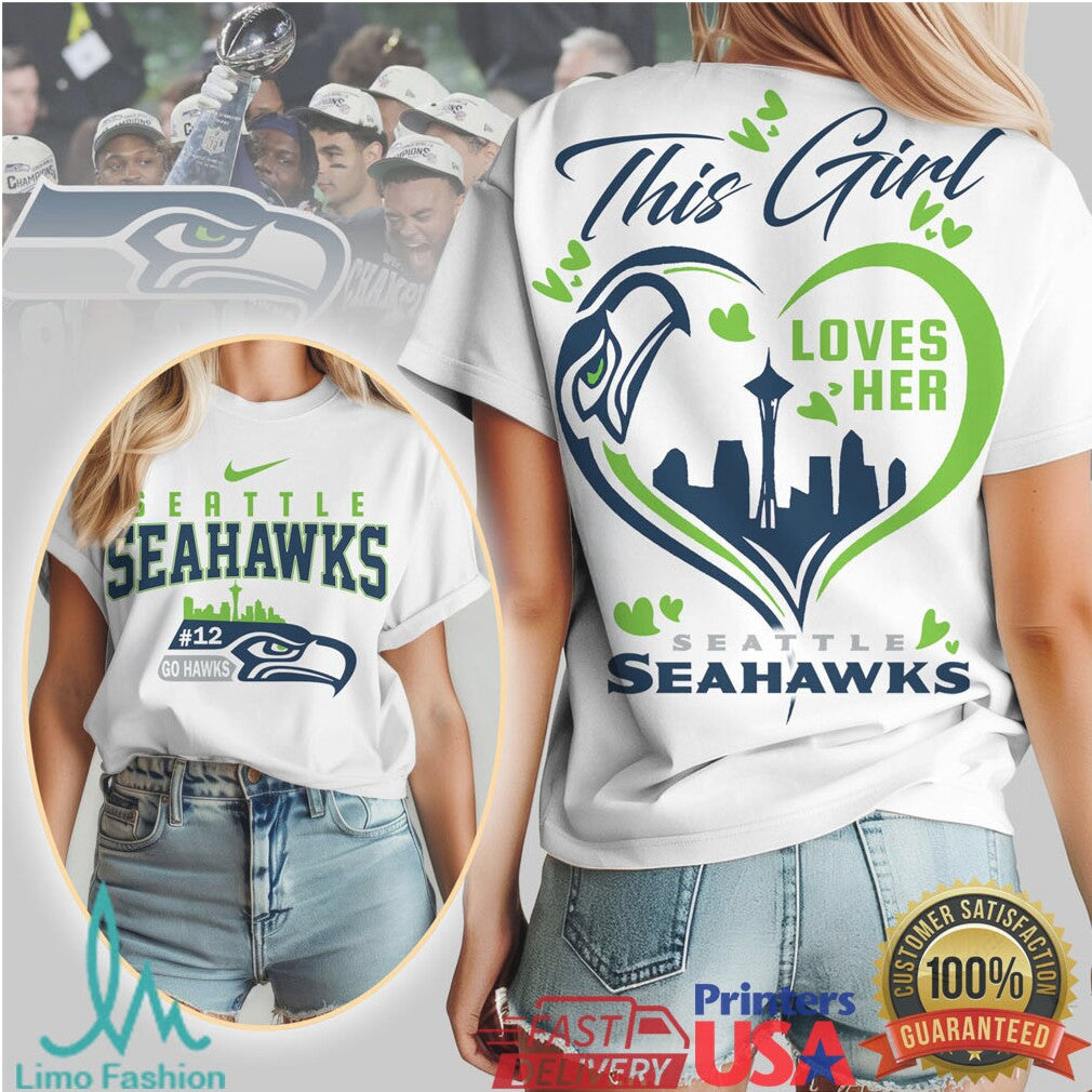Seattle Seahawks “This Girl Loves Her Seahawks” Women's Heart Graphic T Shirt - Limotees LLC