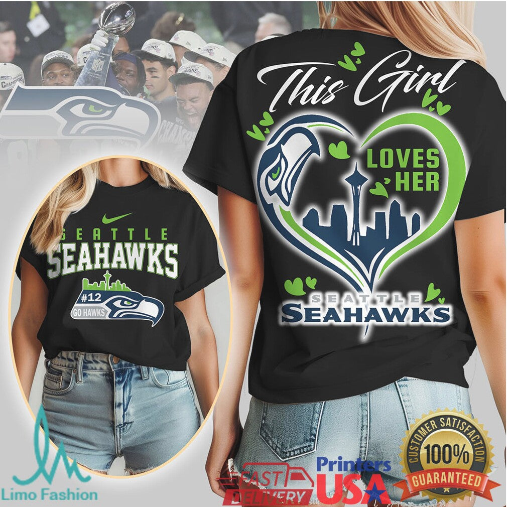 Seattle Seahawks “This Girl Loves Her Seahawks” Women's Heart Graphic T Shirt - Limotees LLC