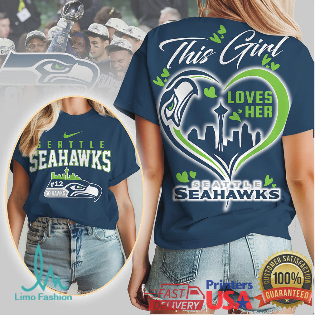 Seattle Seahawks “This Girl Loves Her Seahawks” Women's Heart Graphic T Shirt - Limotees LLC