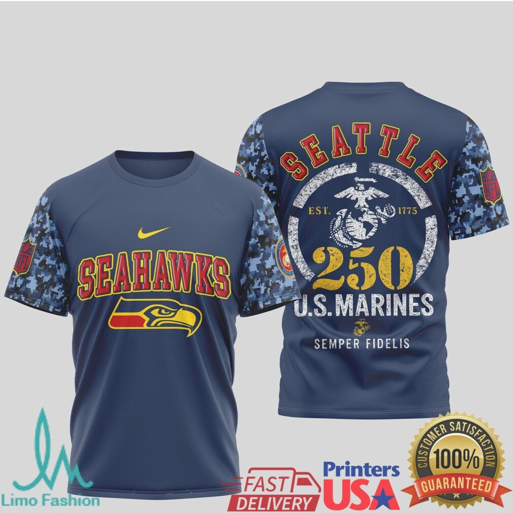Seattle Seahawks U.S. Marines 250th Anniversary Camo Sleeve Tribute T Shirt - Limotees LLC
