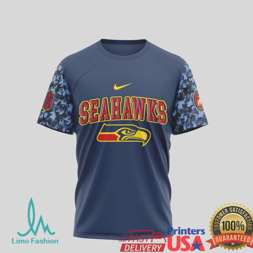 Seattle Seahawks U.S. Marines 250th Anniversary Camo Sleeve Tribute T Shirt - Limotees LLC
