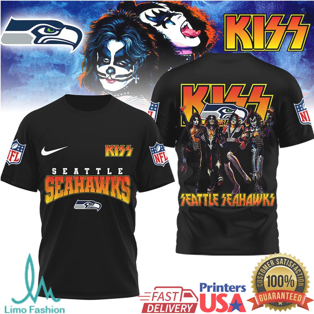 Seattle Seahawks x KISS Rock Band Vintage Graphic NFL T Shirt - Limotees LLC