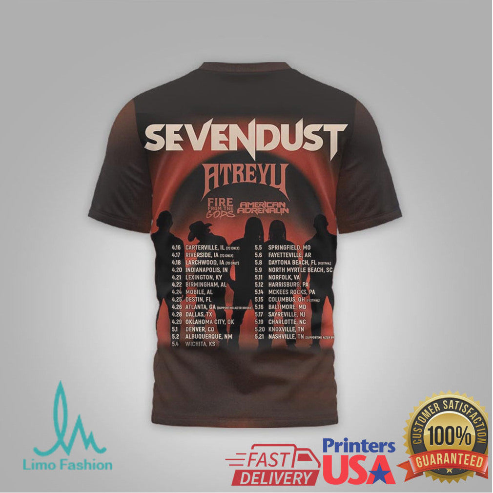 Sevendust x Atreyu “Fire From The Gods” 2024 American Adrenaline Tour T Shirt - Limotees LLC