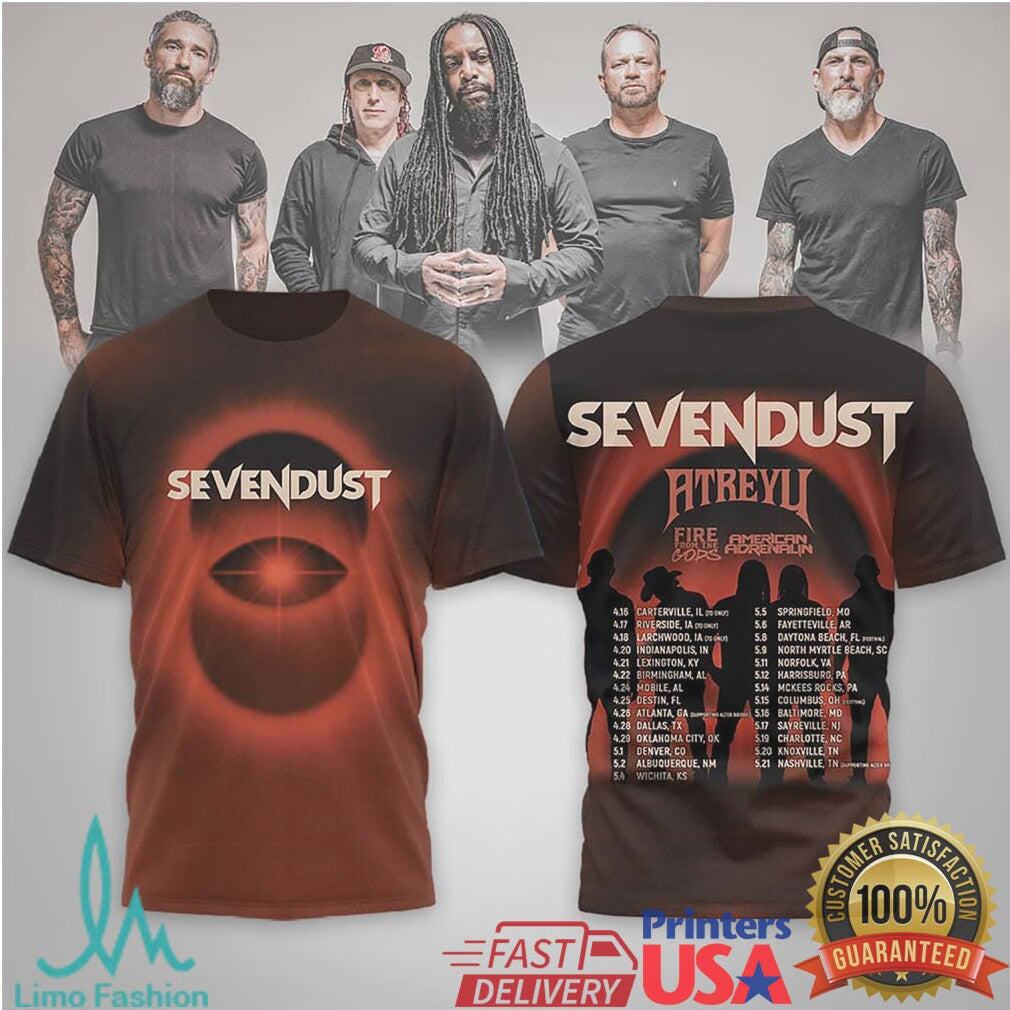 Sevendust x Atreyu “Fire From The Gods” 2024 American Adrenaline Tour T Shirt - Limotees LLC