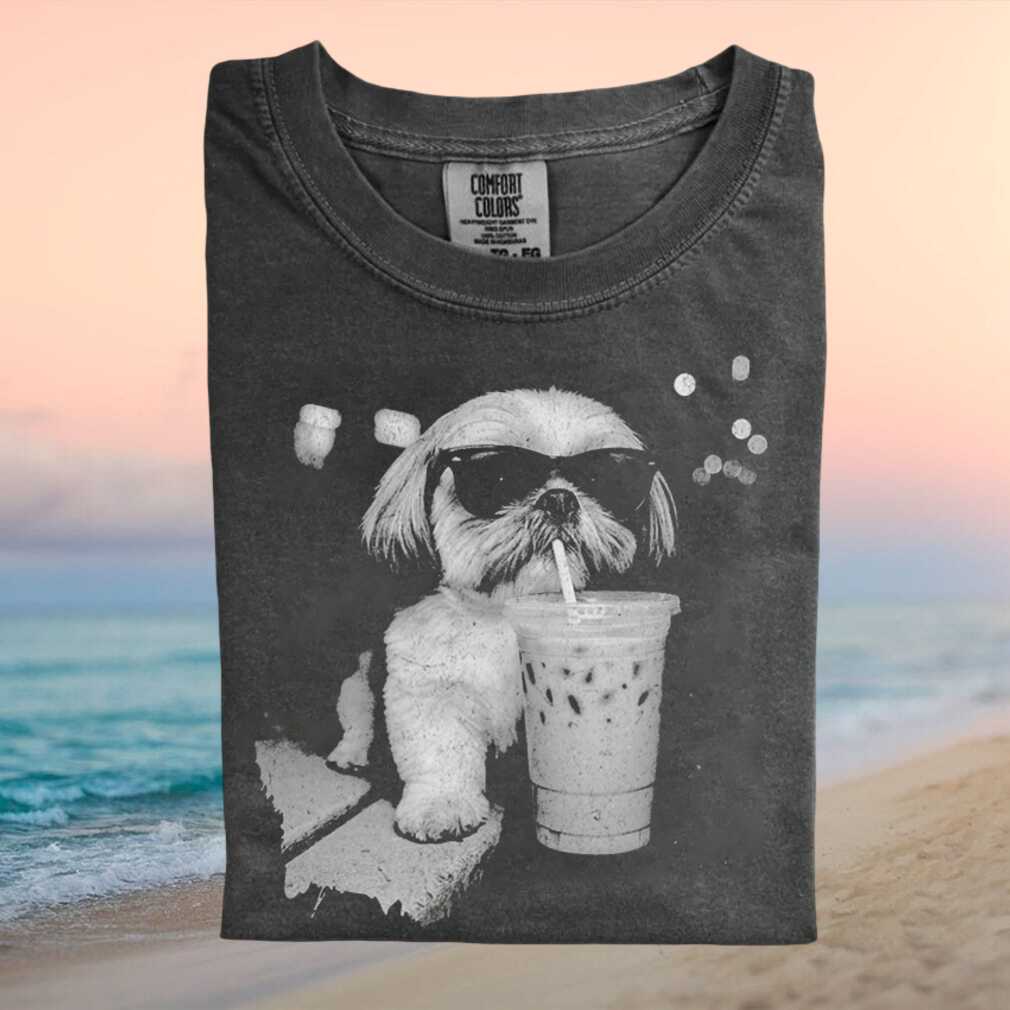Shih Tzu Dog Sunglasses Drinking Iced Coffee Retro T Shirt - Limotees LLC