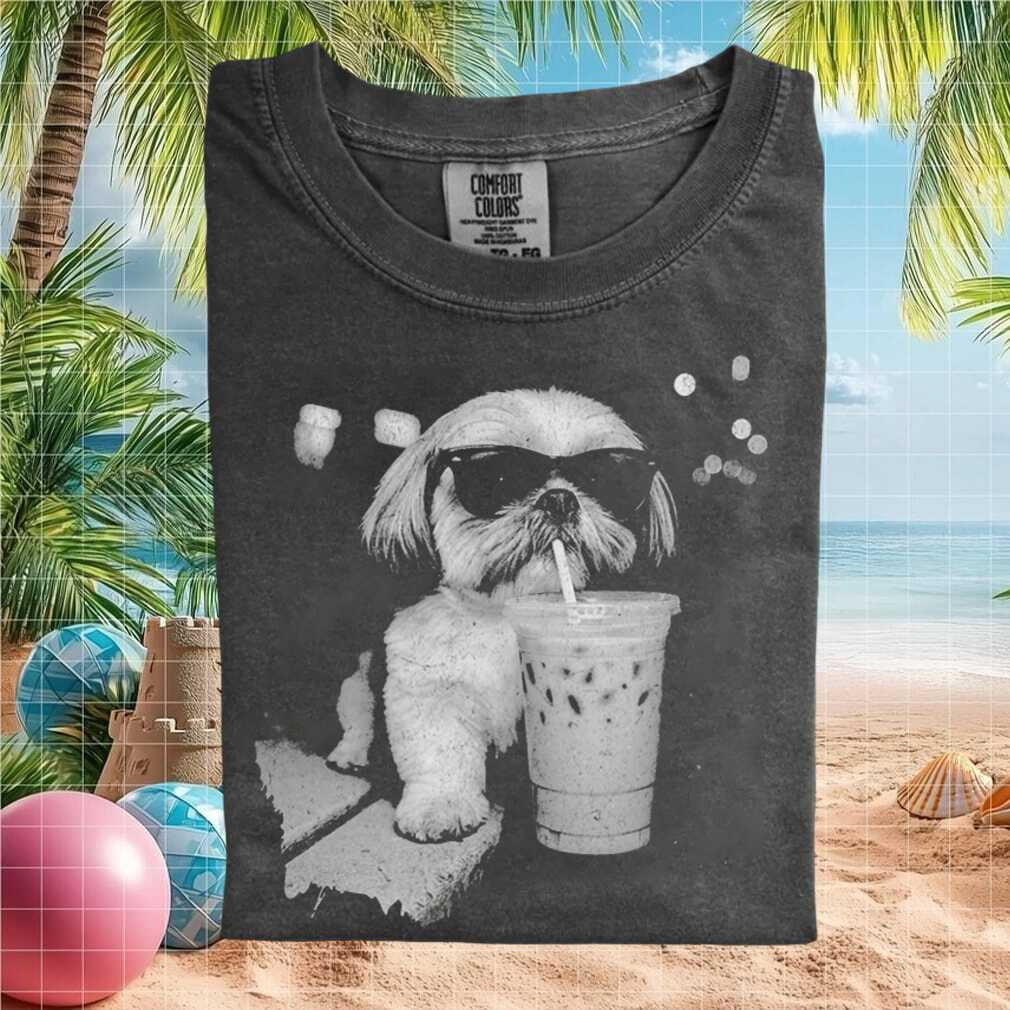 Shih Tzu Dog Sunglasses Drinking Iced Coffee Retro T Shirt - Limotees LLC