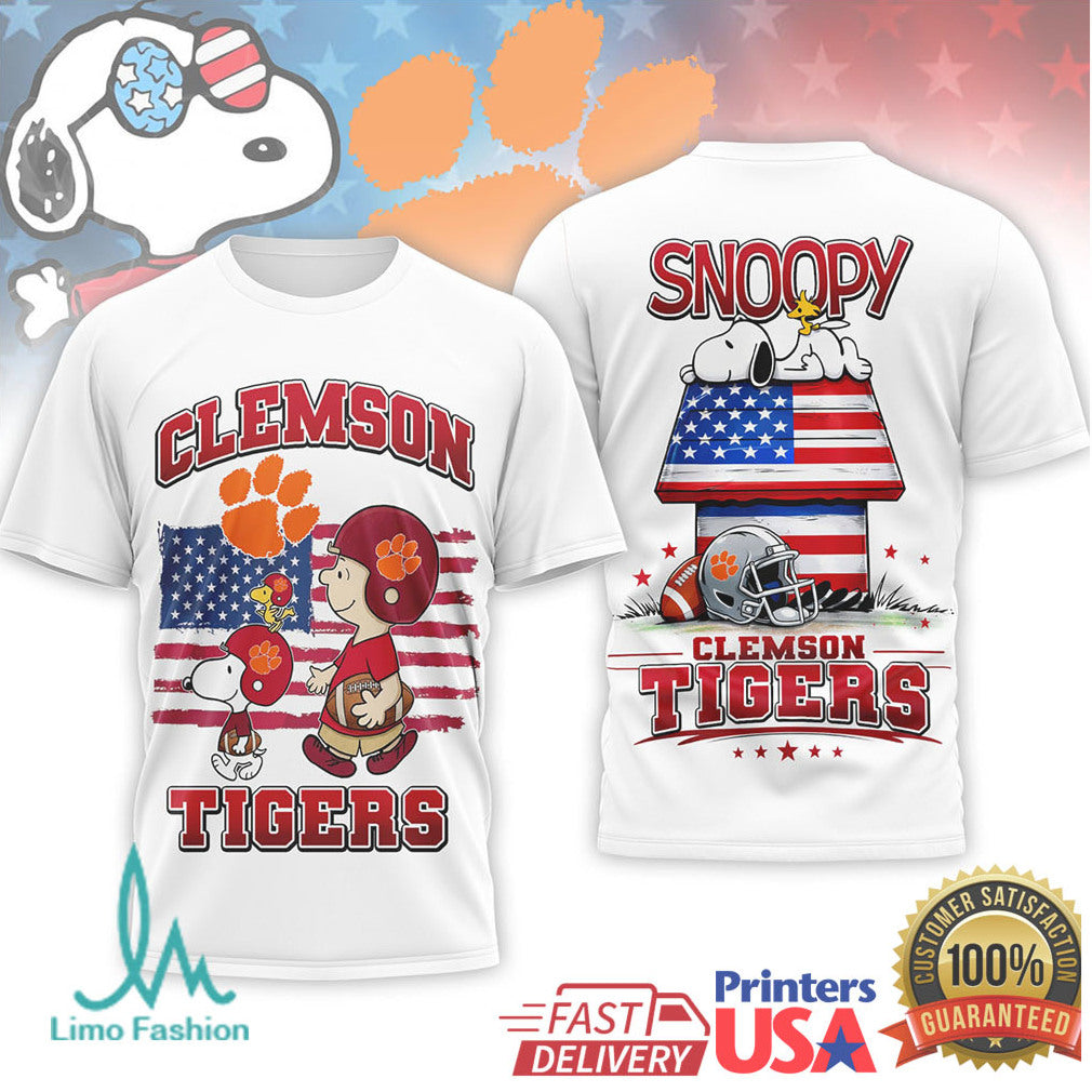 Snoopy & Charlie Brown Clemson Tigers US Flag Football T Shirt - Limotees LLC