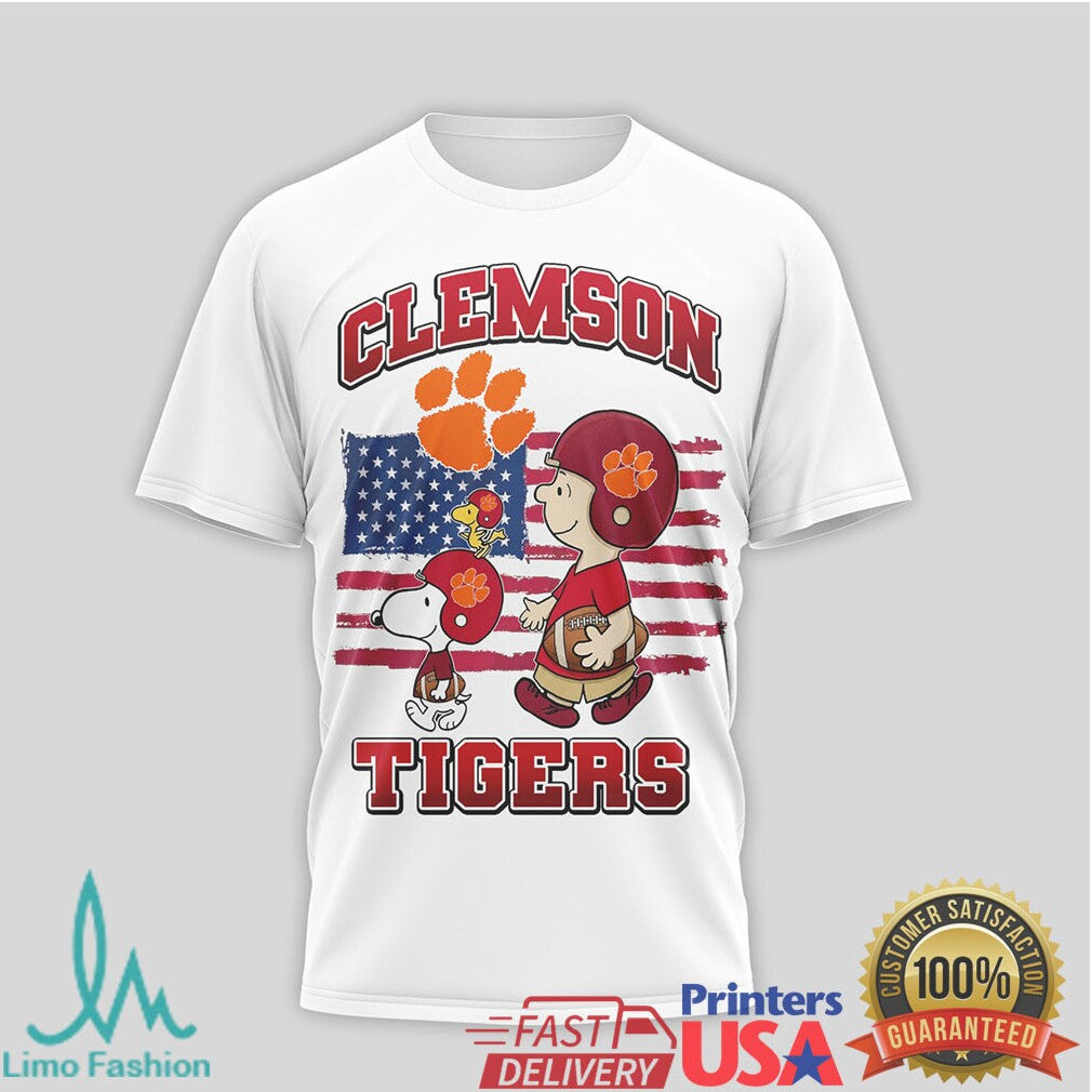 Snoopy & Charlie Brown Clemson Tigers US Flag Football T Shirt - Limotees LLC