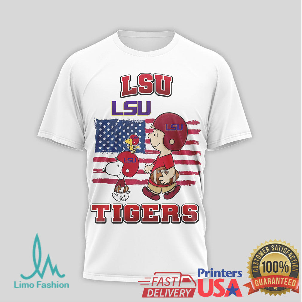 Snoopy & Charlie Brown LSU Tigers US Flag Football T Shirt - Limotees LLC